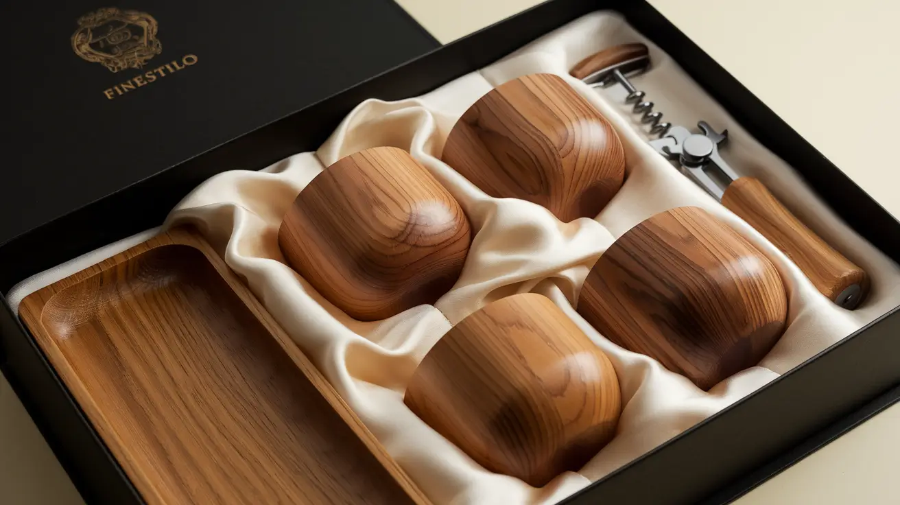 Luxury home decor wooden wine glass set and tray with cork opener, presented in an elegant black box.
